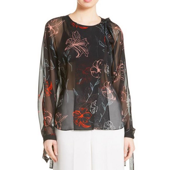 Diane von Furstenberg Sheer Tie Neck Silk Blouse - Picture 2 of 11